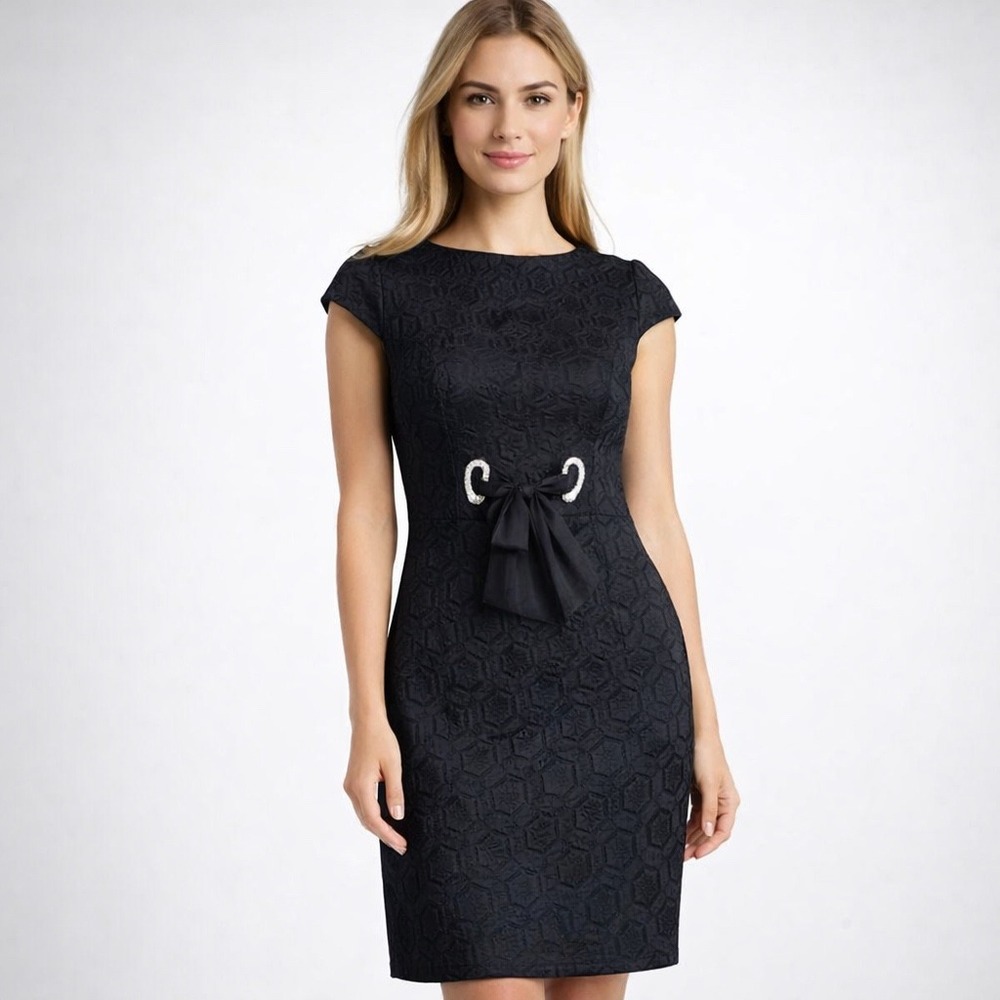 Taylor Black Jacquard Wool/Silk Blend Rhinestone Sheath Dress Womens 12